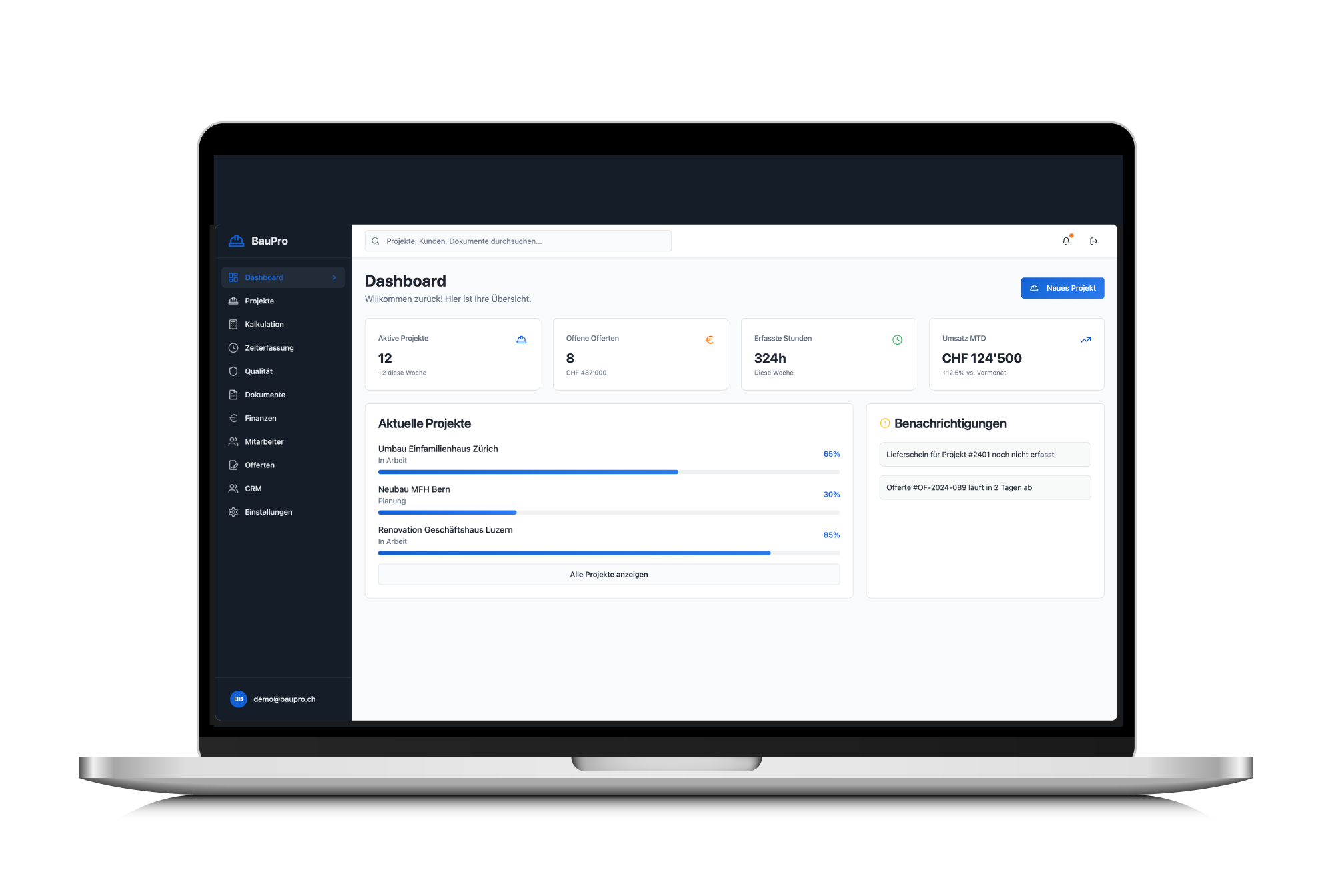 E2E Dashboard – CRM, Rechnungen, Projekte und Analytics in einer Plattform